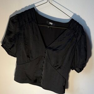 PAIGE Black Satin V-Neck Cropped Button-Front Blouse